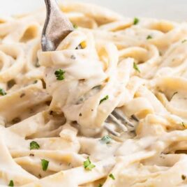 a close up shot of Cream Cheese Pasta Sauce with noodles on a plate with a fork grabbing a piece