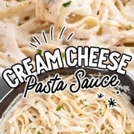 overhead shot of Cream Cheese Pasta Sauce with noodles in a pan and a close up shot of Cream Cheese Pasta Sauce with noodles with a fork grabbing a piece
