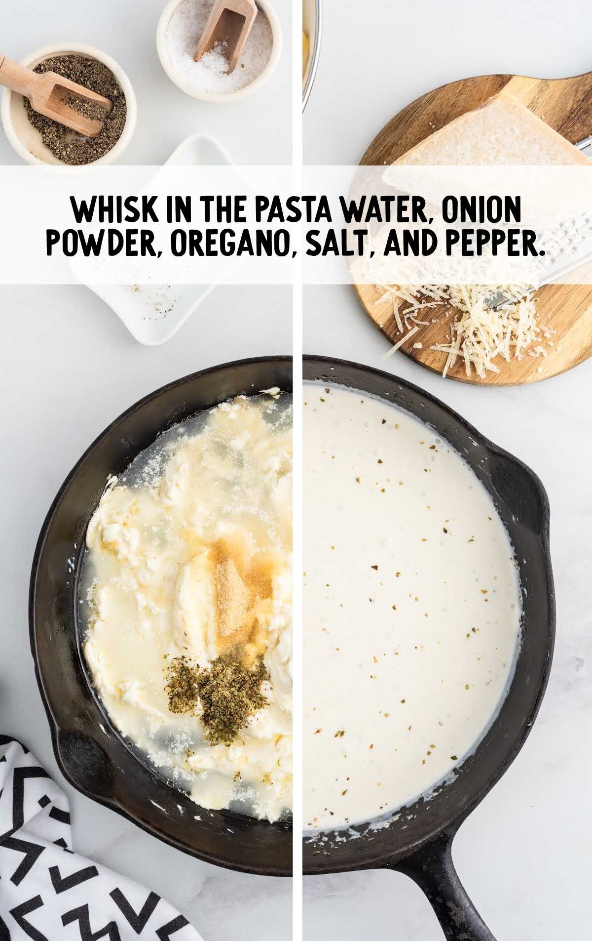 pasta water, onion powder, oregano, salt, and pepper whisked in a bowl