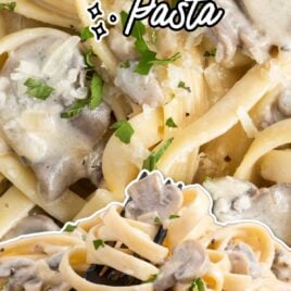 a close up shot of Creamy Mushroom Pasta on a plate with a fork grabbing a piece
