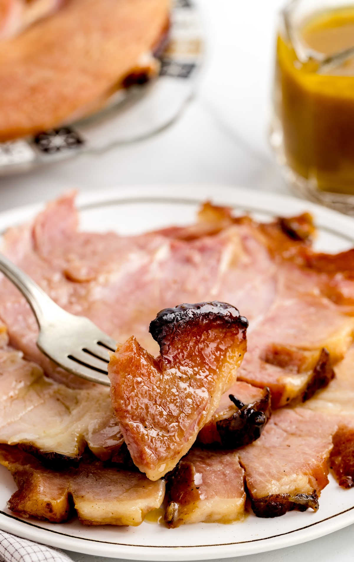 close up shot of Ham Roast slices on a plate and a piece of ham on a fork