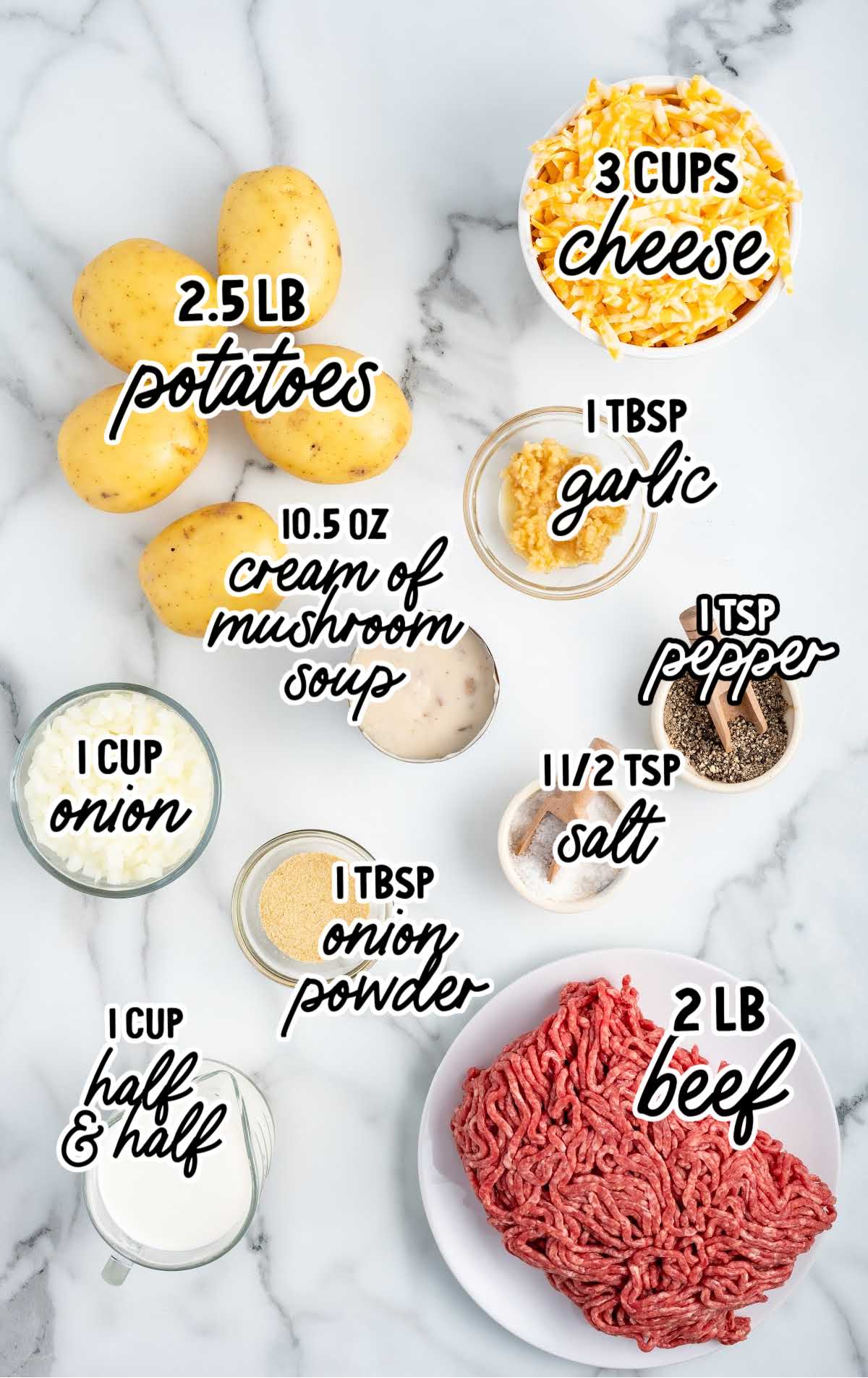 Hamburger Potato Casserole raw ingredients that are labeled