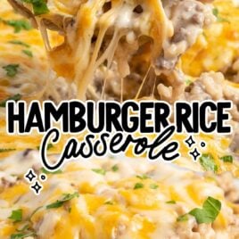 a close up shot of a spoonful of Hamburger Rice Casserole and close up shot of Hamburger Rice Casserole on a plate