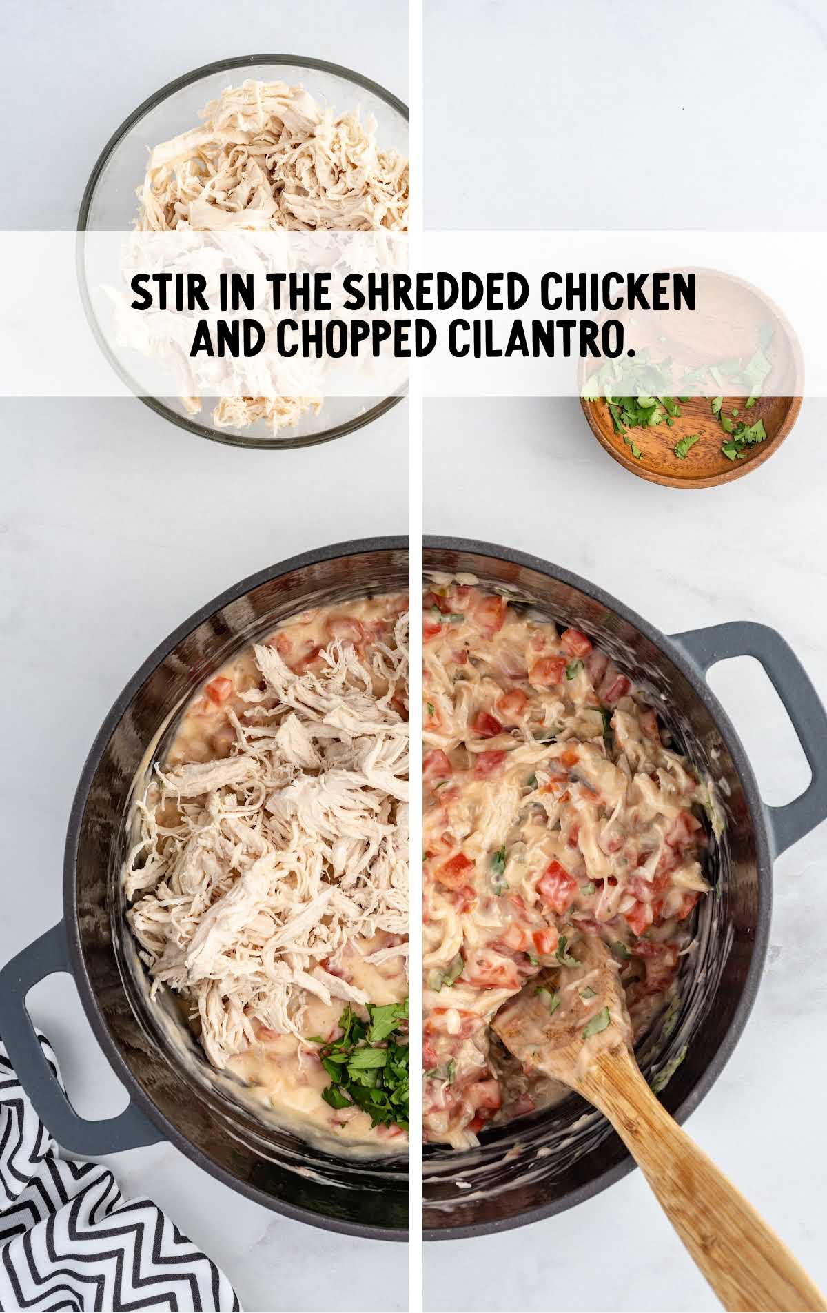 shredded chicken and cilantro stirred in a pot