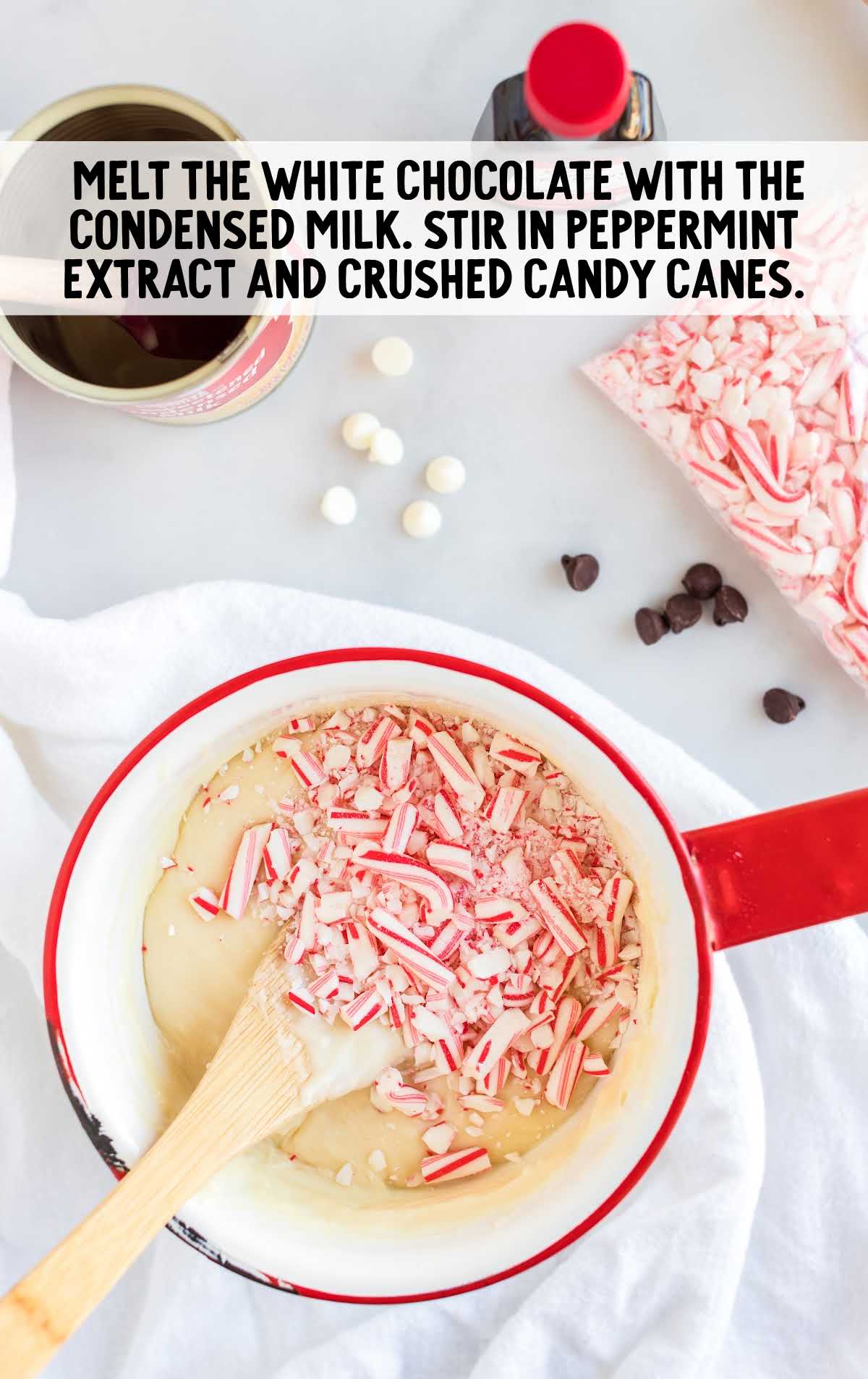 melted white chocolate, condensed milk, peppermint extract and crushed candy cane stirred in a pot