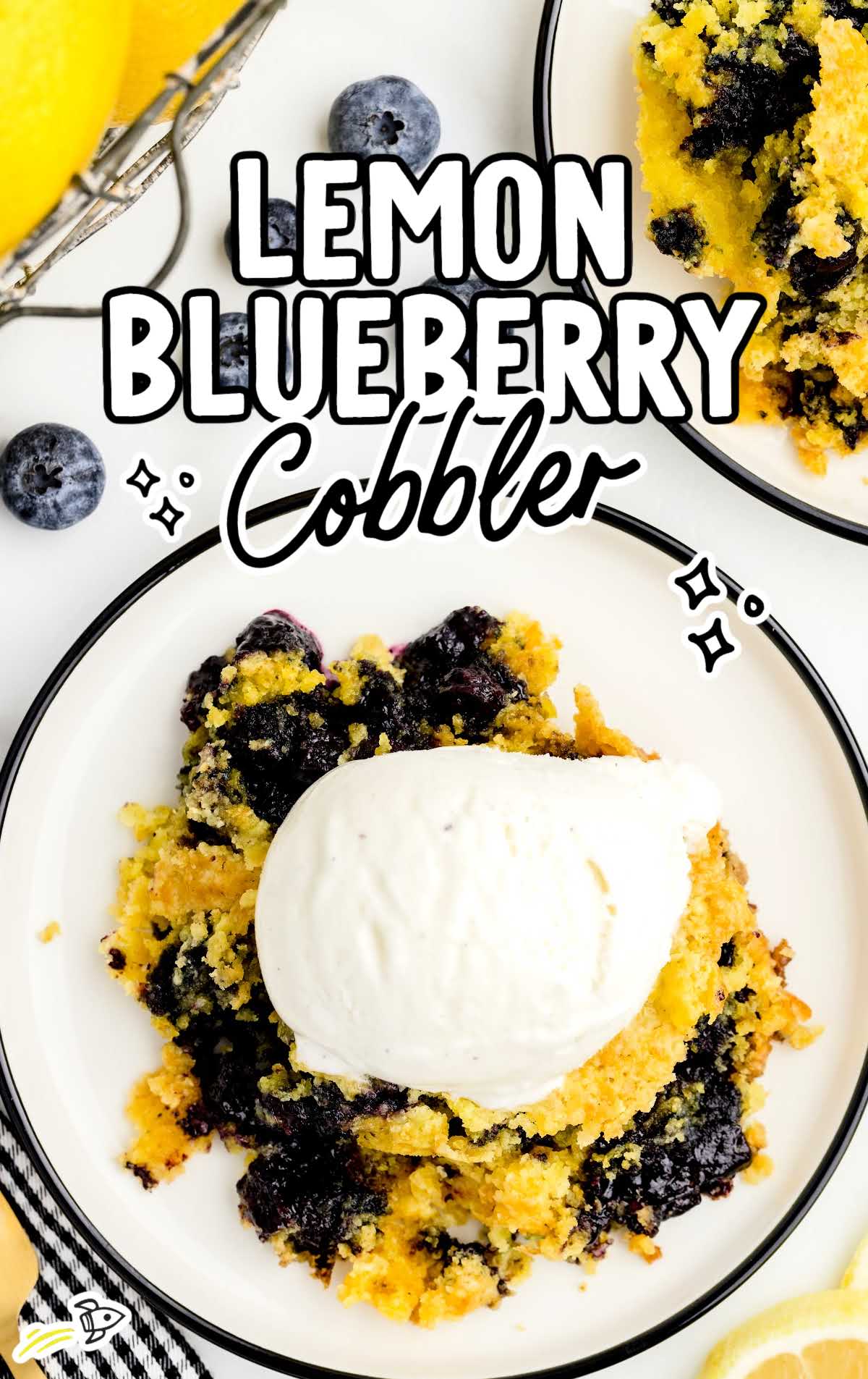 overhead shot of Lemon Blueberry Cobbler in a plate