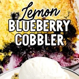 a overhead shot of Lemon Blueberry Cobbler with a couple of pieces taken out and close up shot of Lemon Blueberry Cobbler in a plate