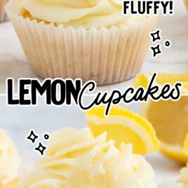 a close up shot of a Lemon Cupcake on a plate topped with a slice of lemon and frosting and a close up shot of a Lemon Cupcake on a plate topped with a slice of lemon and frosting with a bite taken out of it