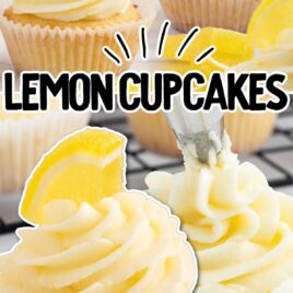a close up shot of Lemon Cupcakes topped with a slice of lemon and frosting