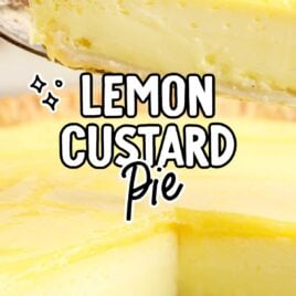 close up shot of Lemon Custard Pie with a slice taken out of it