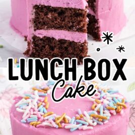 a close up shot of Lunch Box Cake and a close up shot of Lunch Box Cake with a slice taken out