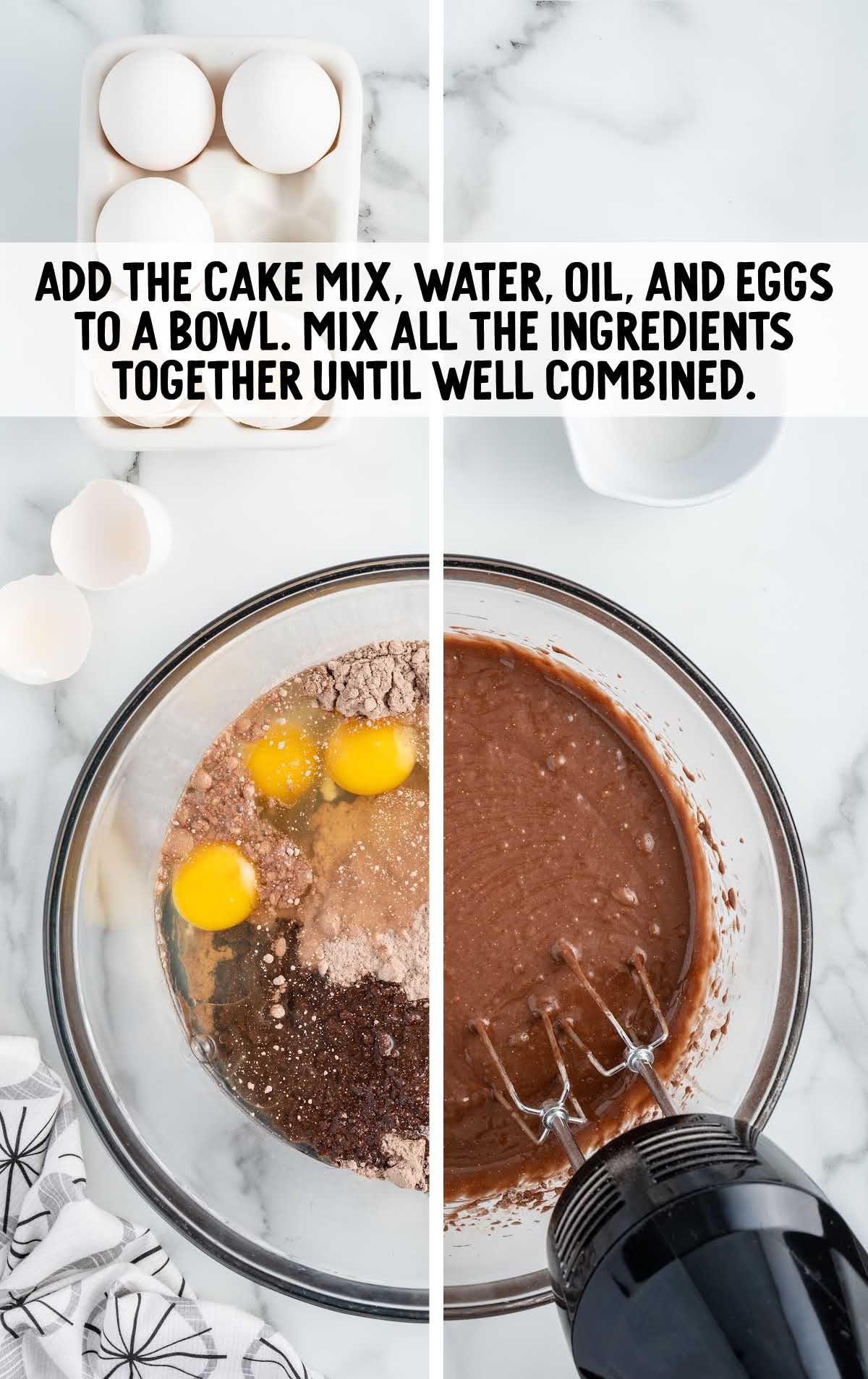 cake mix, water, oil, and eggs blended together