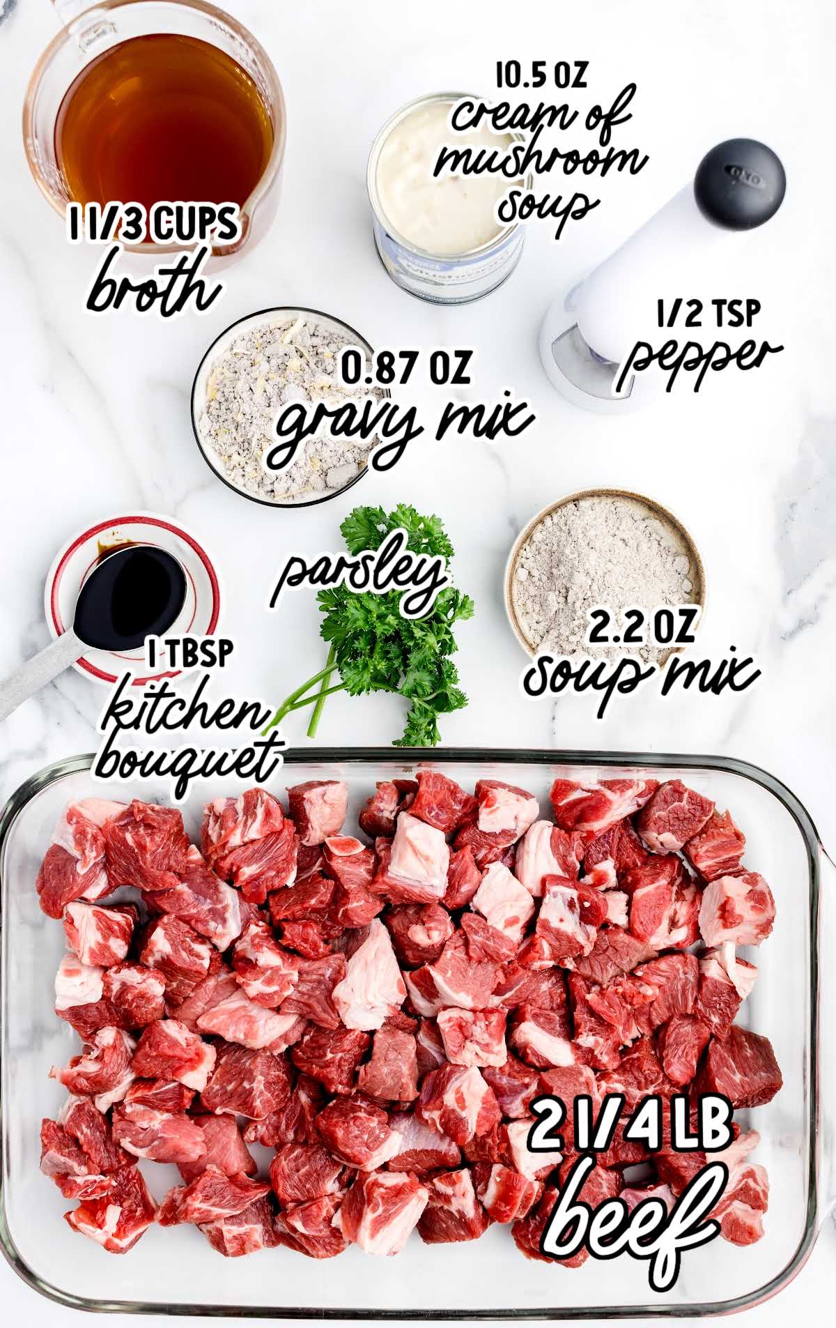 No Peek Beef Tips raw ingredients that are labeled