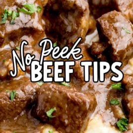 a close up shot of No Peek Beef Tips with mashed potatoes on a plate