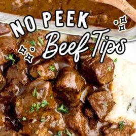 a close up shot of No Peek Beef Tips with mashed potatoes on a plate and overhead shot of a wooden spoonful of No Peek Beef Tips.