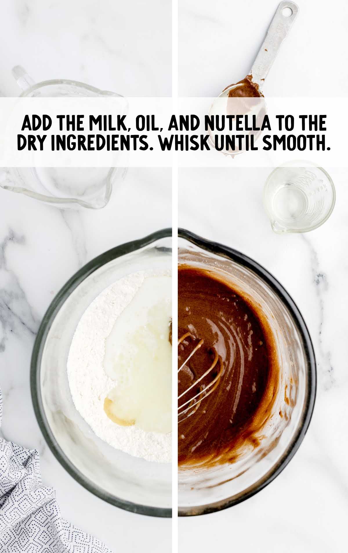 milk, oil, and nutella added to the dry ingredients
