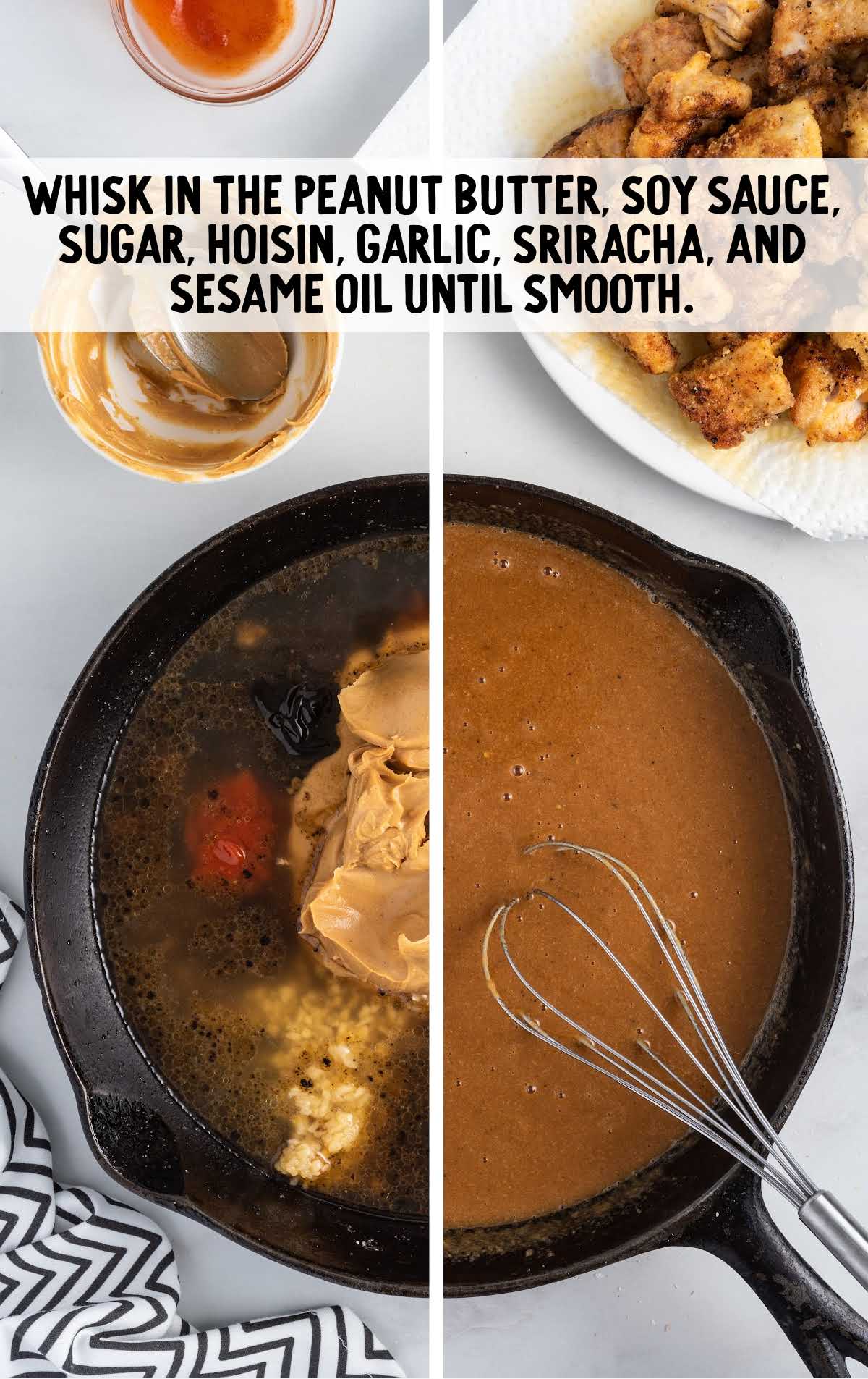peanut butter, soy sauce, sugar, hoisin, garlic, sriracha, and sesame oil whisked in a pan