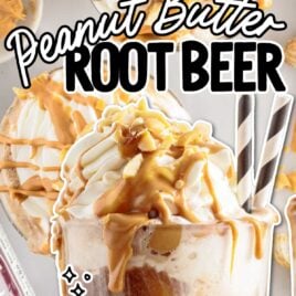 overhead shot of Peanut Butter Root Beer in a tall glass topped with whipped cream and a close up shot of Peanut Butter Root Beer in a tall glass