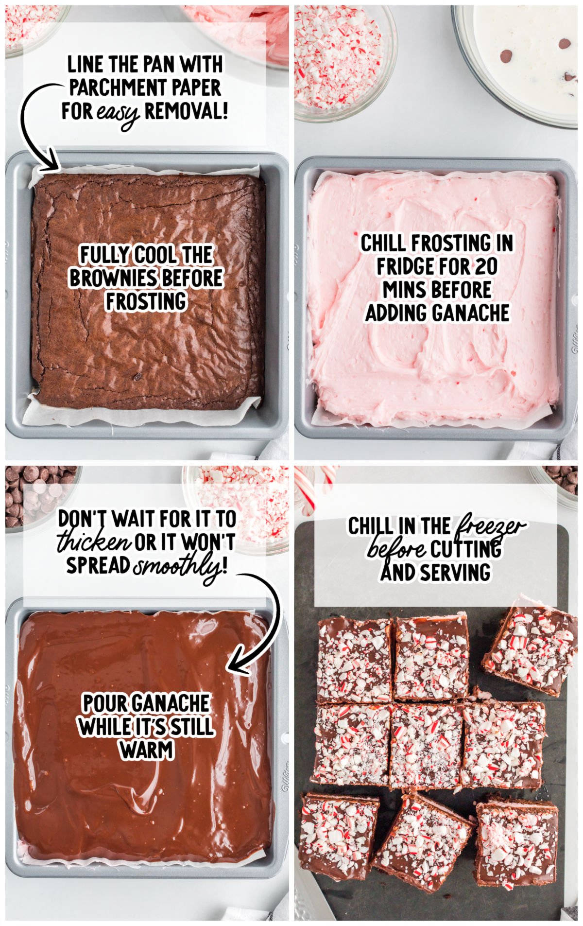Collage showing step-by-step peppermint brownie assembly: baked brownies in a parchment-lined pan, brownies frosted with pink peppermint frosting, warm chocolate ganache poured over the chilled frosting, and finished brownies topped with crushed candy canes cut into squares.