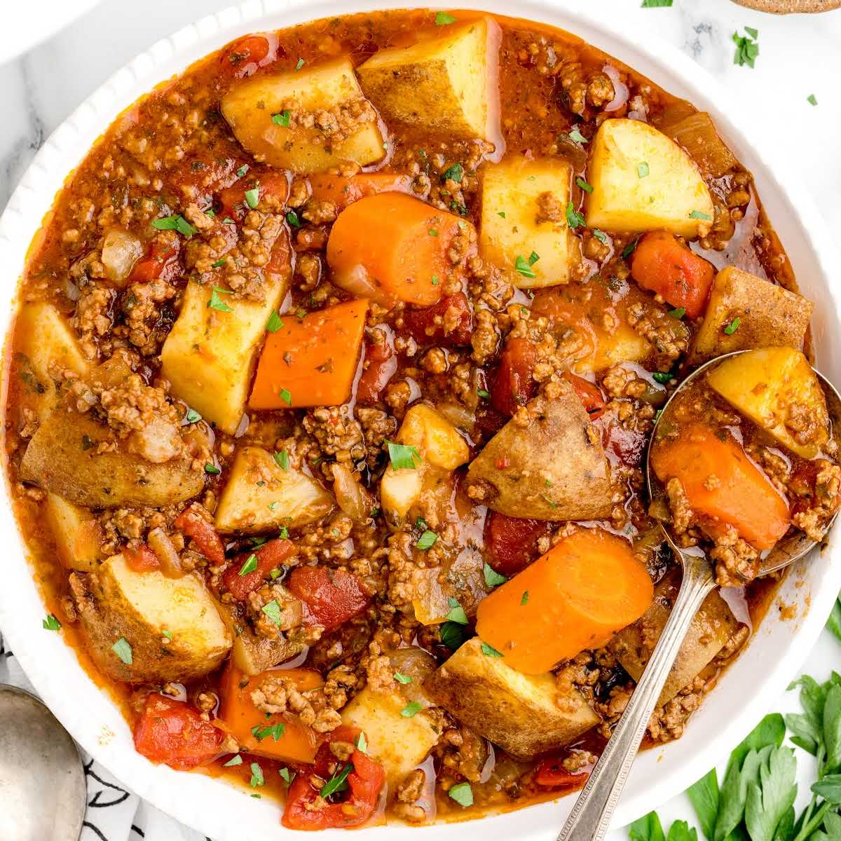 overhead shot of Poor Man’s Stew in a bowl