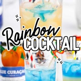 a close up shot of a couple of Rainbow Cocktail and a close up shot of the blue rum being poured into the tall glass
