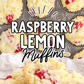 a close up shot of Raspberry Lemon Muffins in a basket and a overhead shot of Raspberry Lemon Muffins in a muffin pan