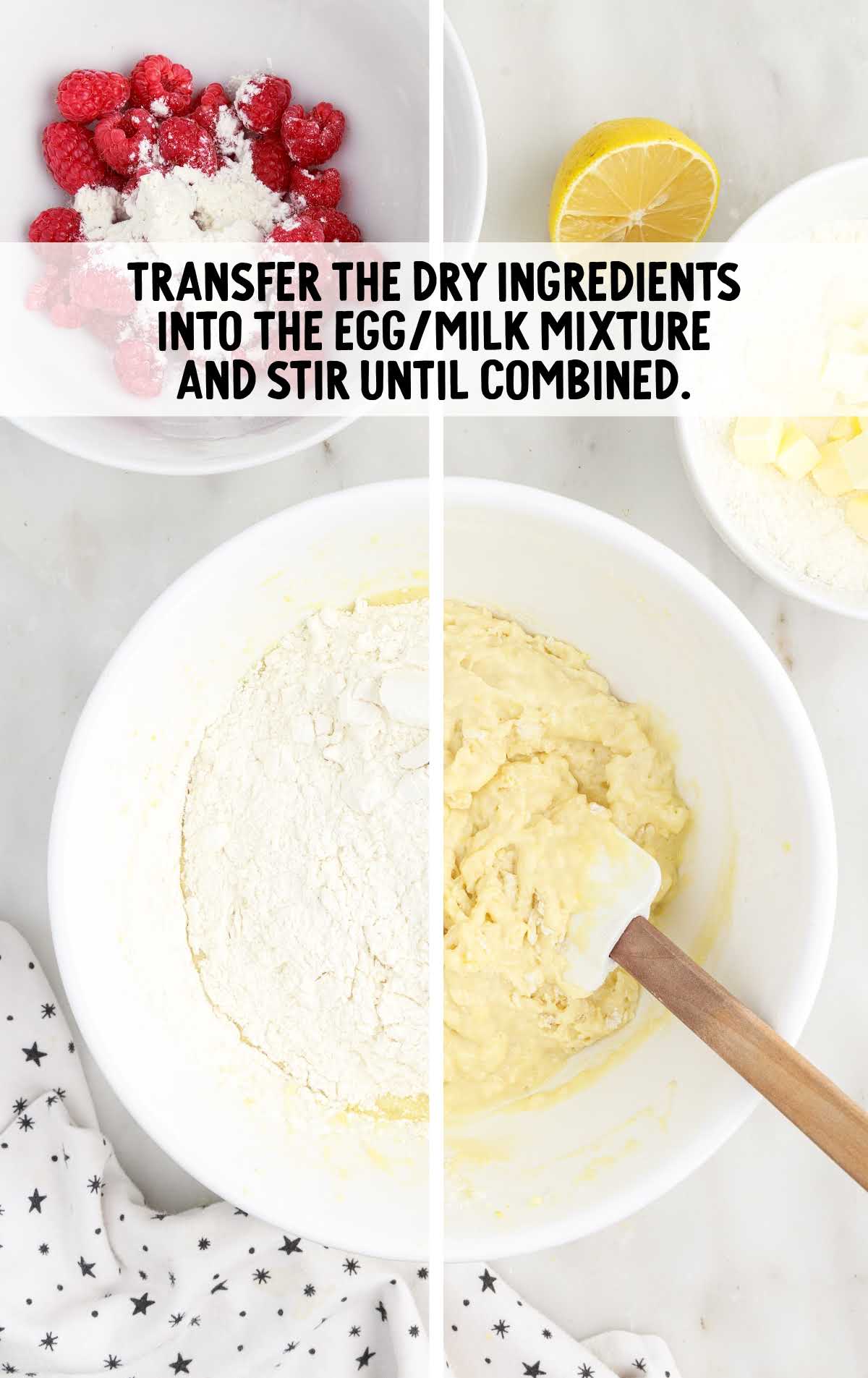 dry ingredients transferred into the egg/milk mixture and stirred