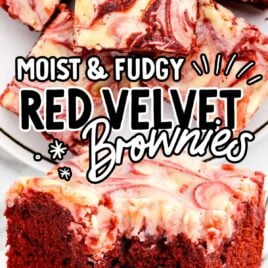 overhead shot of Red Velvet Brownies on a plate and a close up shot of Red Velvet Brownies stacked on top of each other with one having a bite taken out of it and overhead shot of Red Velvet Brownies