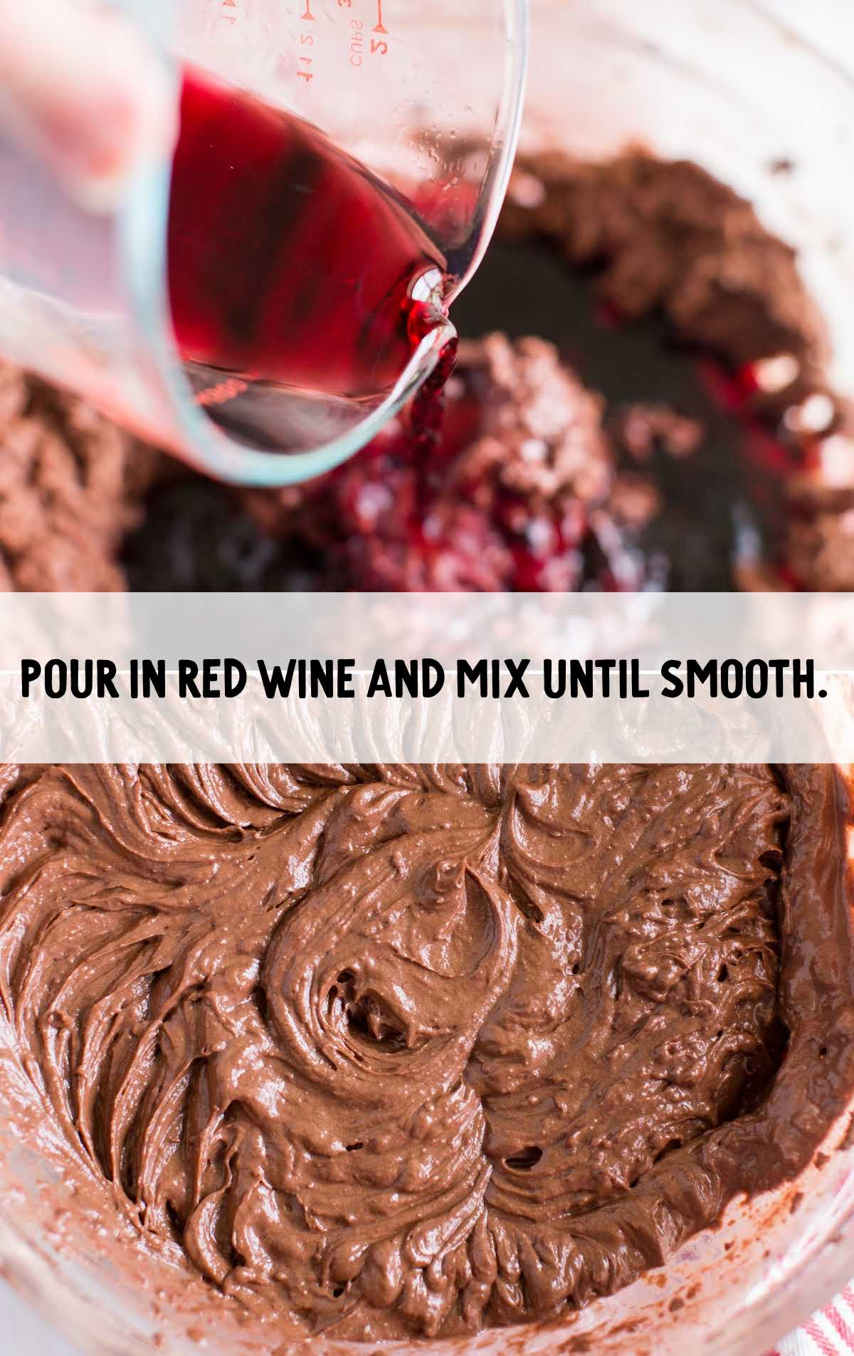 red wine poured into the dry ingredient mixture