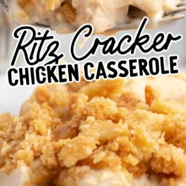 a close up shot of a fork with a piece of Ritz Cracker Chicken Casserole