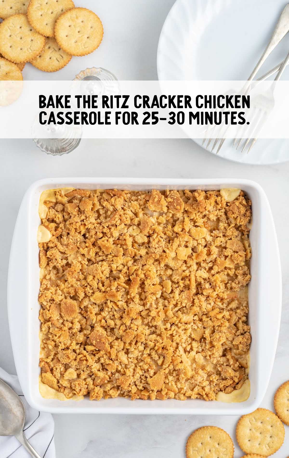 Ritz Cracker Chicken Casserole baked in a baking dish