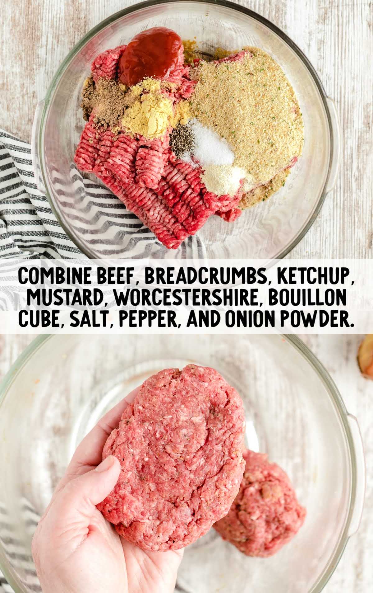 beef, breadcrumbs, ketchup, mustard, Worcestershire, bouillion, cube, salt, pepper, and onion powder combined