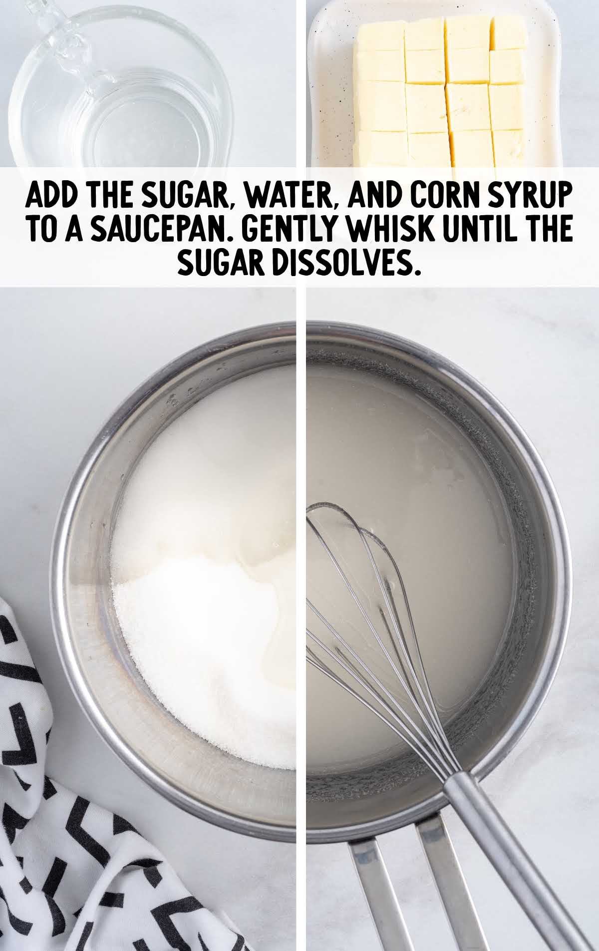 sugar, water, and corn syrup added to a saucepan