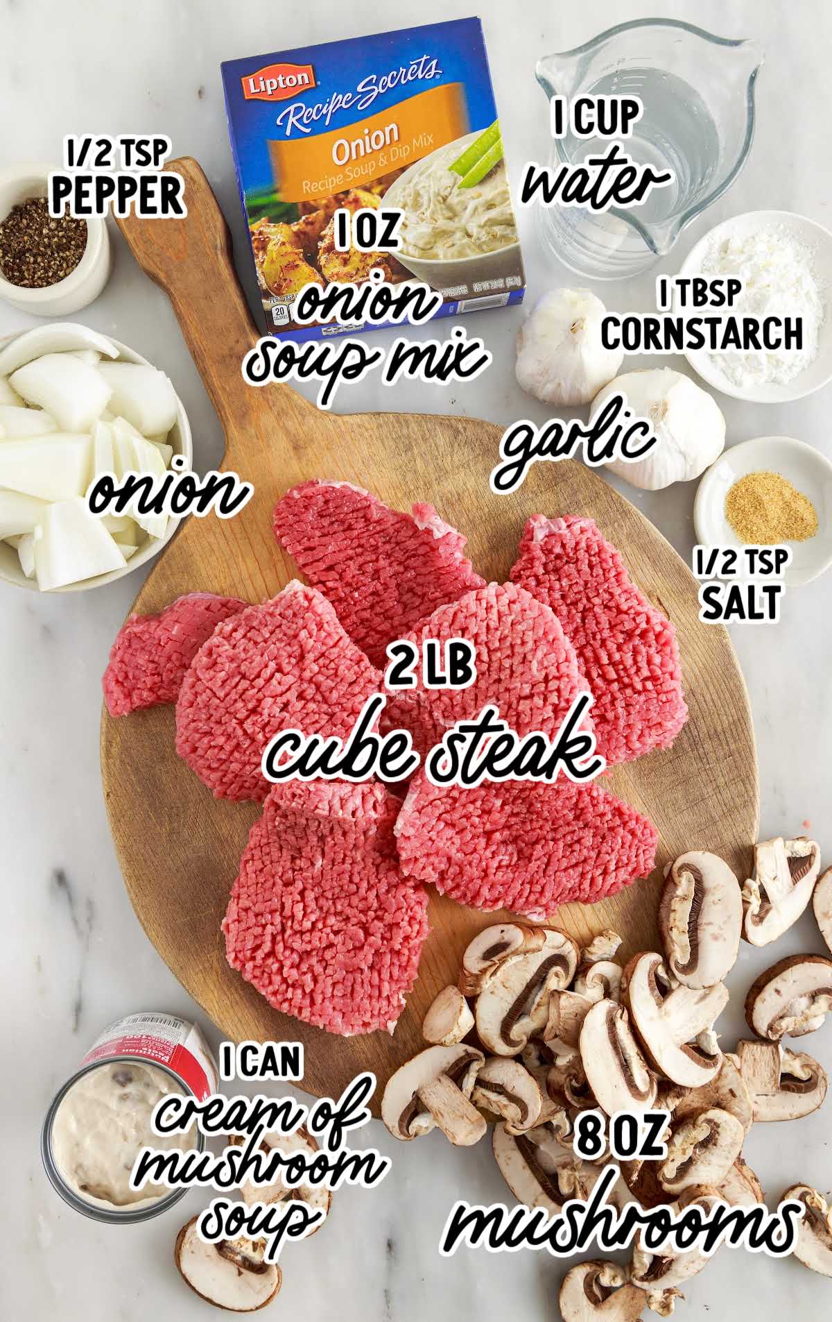 Slow Cooker Cube Steak raw ingredients that are labeled