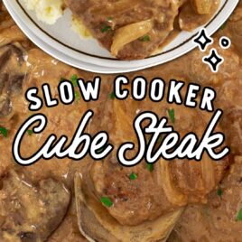 a overhead shot of Slow Cooker Cube Steak on a plate and a overhead shot of Slow Cooker Cube Steak being picked up by a spatula