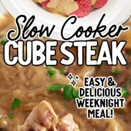 a close up shot a piece of Slow Cooker Cube Steak on a fork and a overhead shot of Slow Cooker Cube Steak in a slow cooker