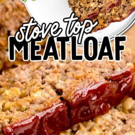 a overhead shot of a piece of Stove Top Meatloaf on a plate with green beans and a close up shot of Stove Top Meatloaf