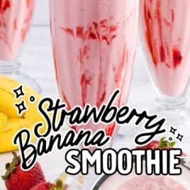 a close up shot of Strawberry Banana Smoothie in a tall glass and a overhead shot of Strawberry Banana Smoothie in a tall glass
