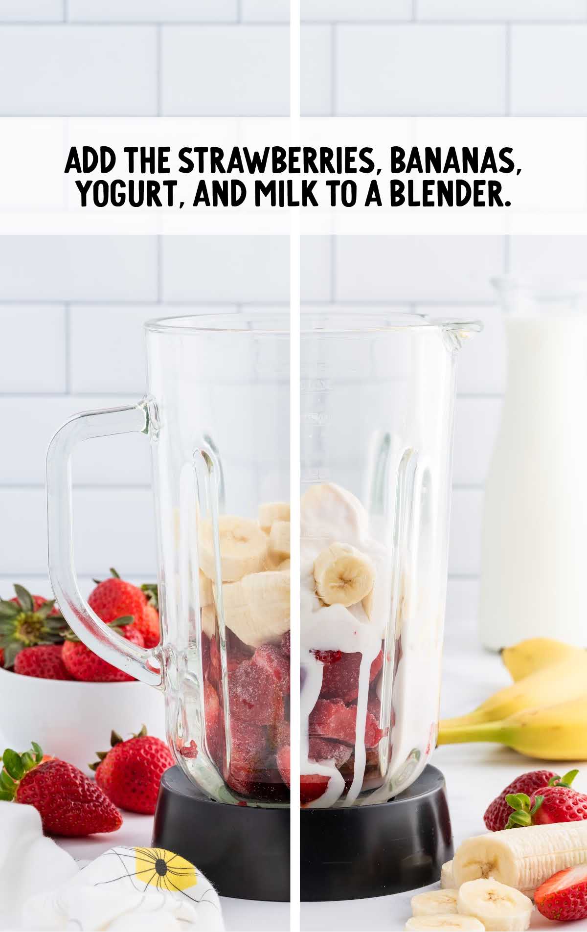 strawberries, bananas, yogurt, and milk blended in a blender