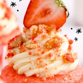 a close up shot of a Strawberry Crunch Cupcake