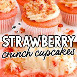 a close up shot of a Strawberry Crunch Cupcake with a bite taken out if it and a close up shot of a close up shot of Strawberry Crunch Cupcakes on a stand