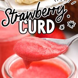 a close up shot of Strawberry Curd in a glass cup with a spoon grabbing a piece and a close up shot of Strawberry Curd on a muffin