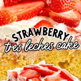 a close up shot of a slice of Strawberry Tres Leches Cake on a plate