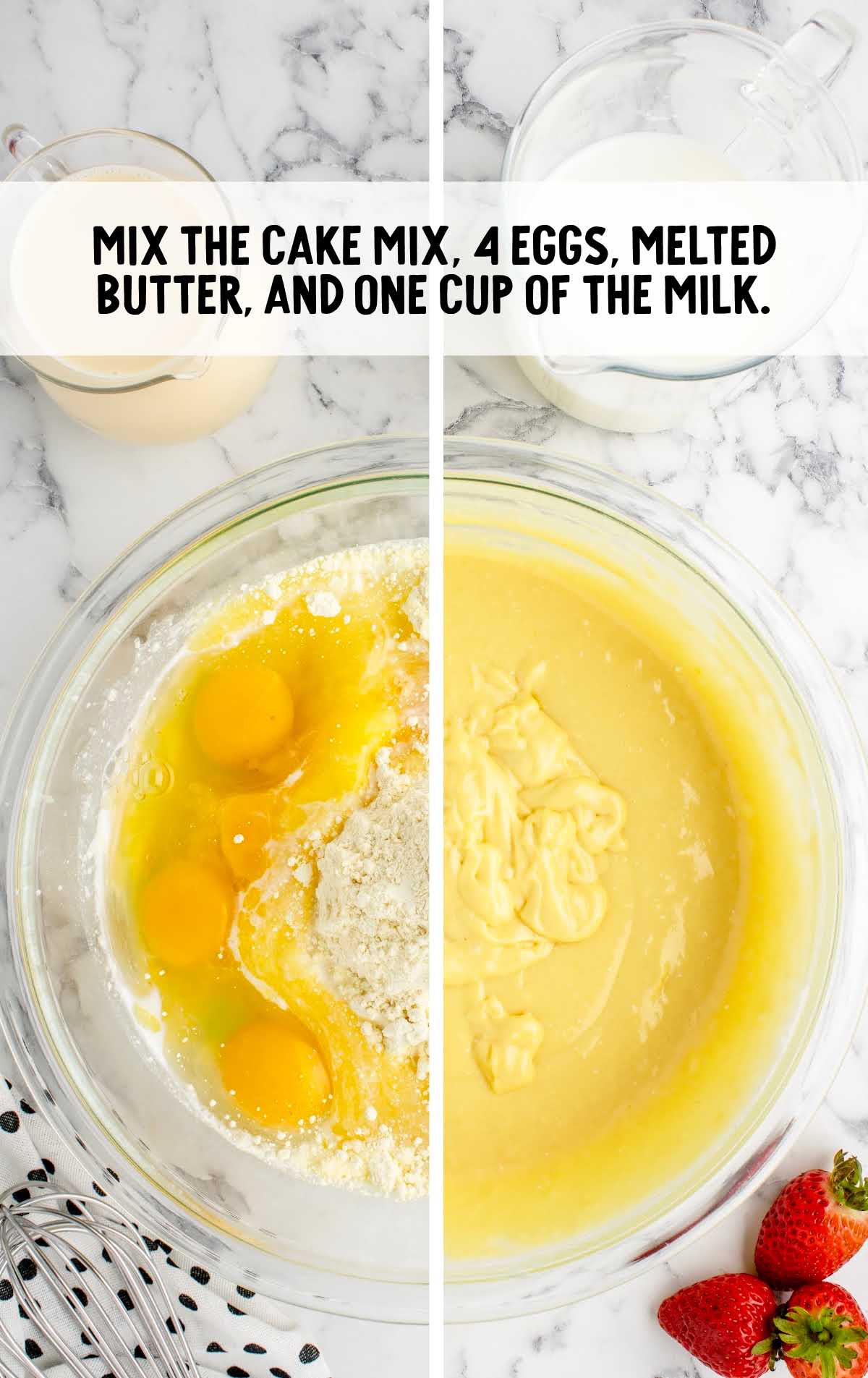 cake mix, eggs, melted butter, and milk mixed in a bowl