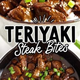 a close up shot of Teriyaki Steak Bites in a bowl and a overhead shot of Teriyaki Steak Bites in a pan