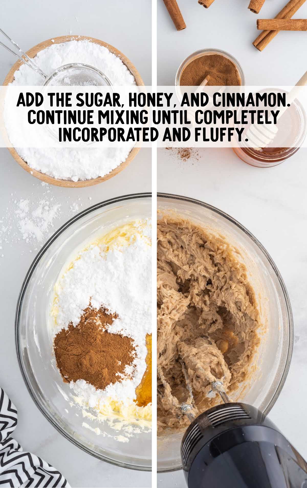sugar, honey, and cinnamon blended into the butter in the bowl