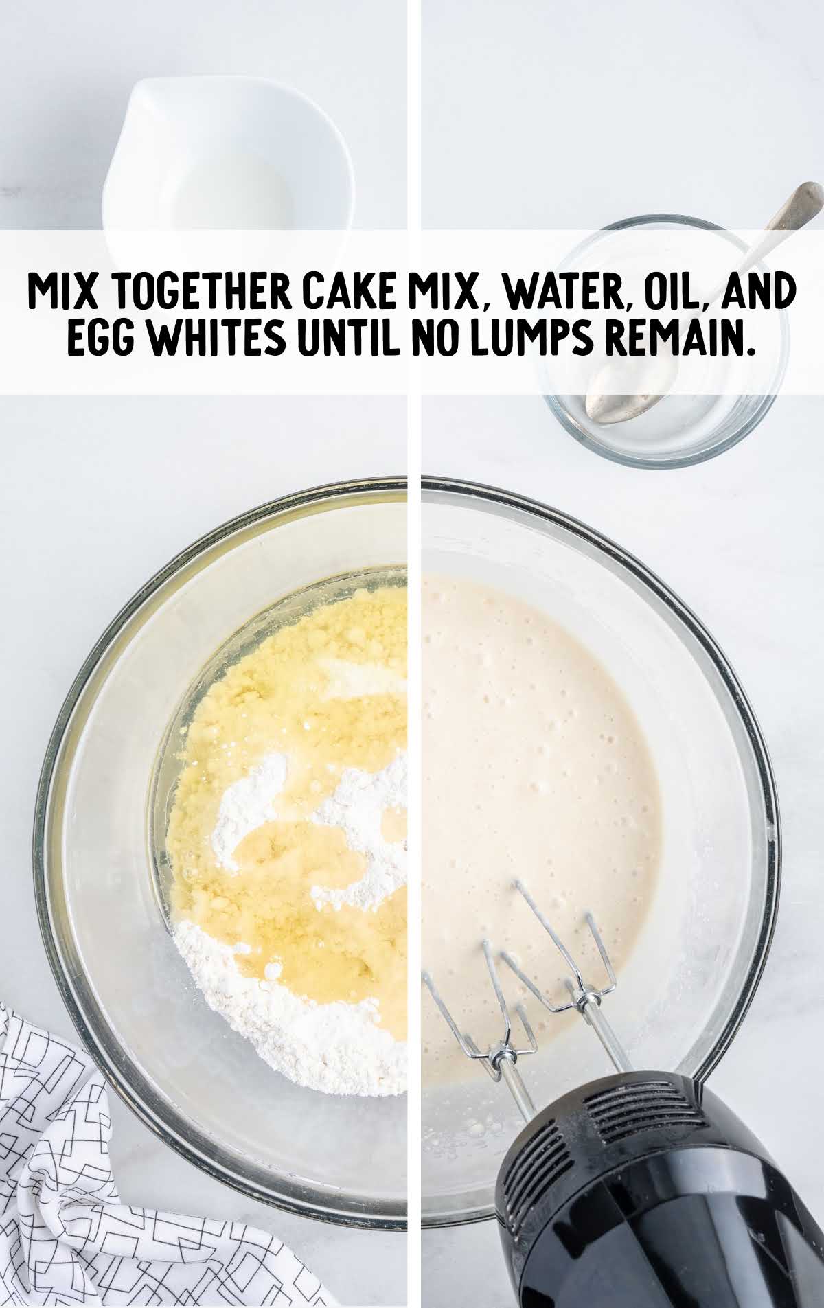 cake mix, water, oil, and egg whites blended together