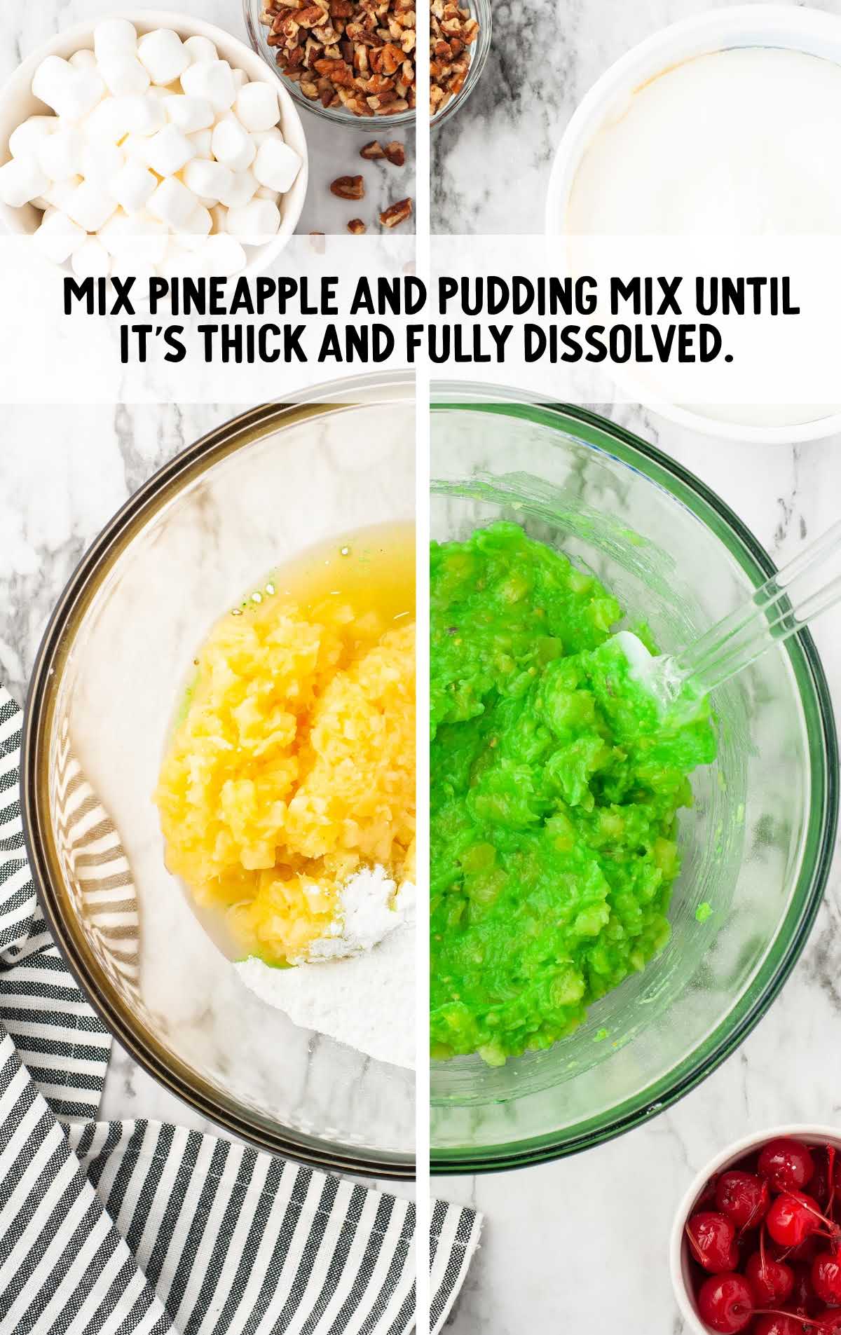 pineapple and pudding mix mixed in a bowl