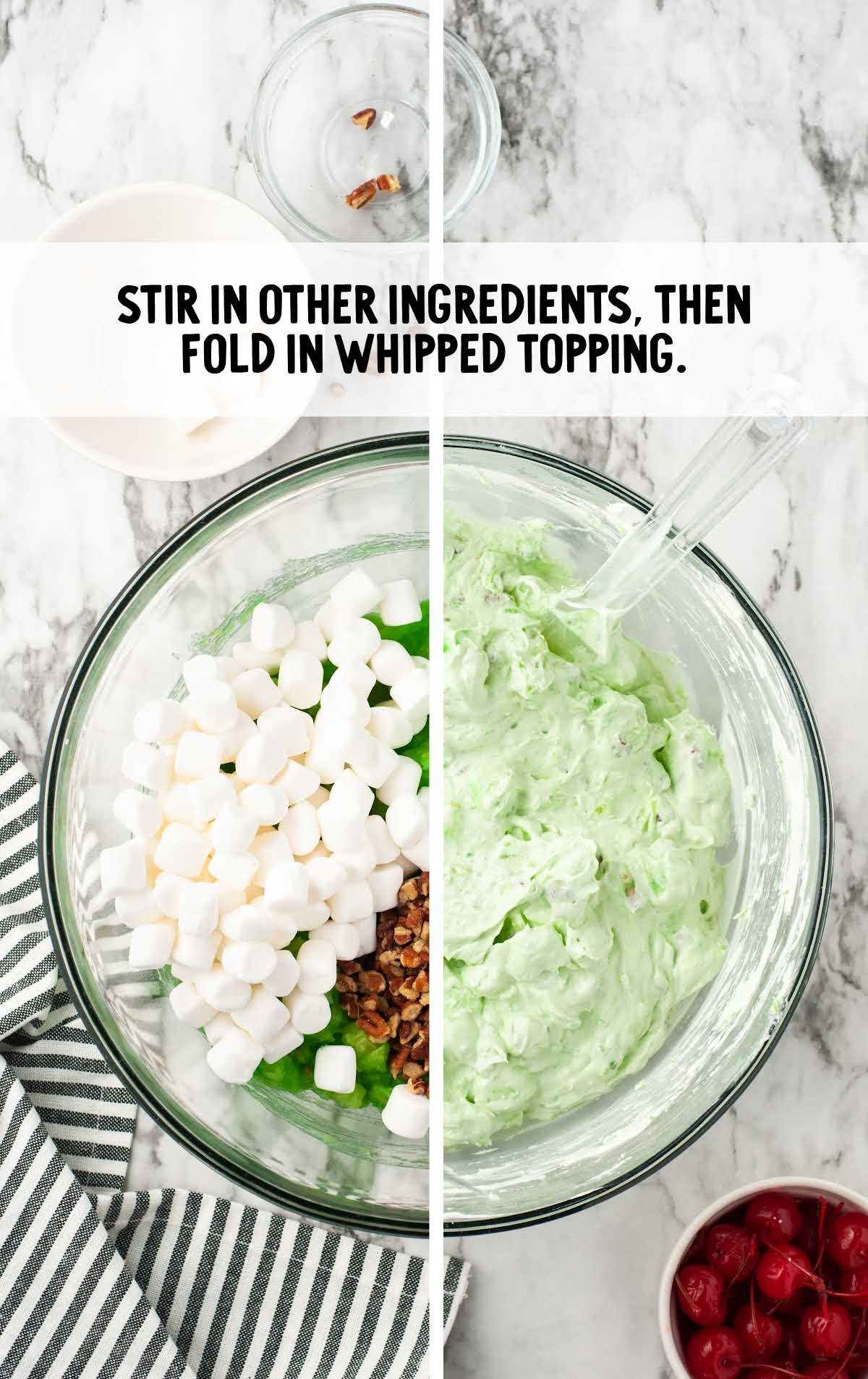 Watergate Salad ingredients stirred in a bowl with the whipped topping