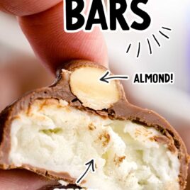 close up shot of a Almond Joy Bar split in half